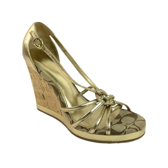 Coach Gold-tone Joslin Leather Sandals Wedge Open-toe Logo Detail 8 - Picture 1 of 13